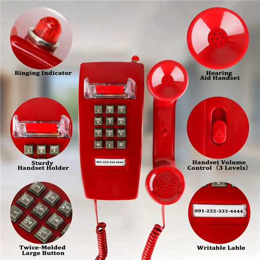 ELECT-2X Wall Phones For Landline With Mechanical Ringing, Single Line 2554 Wall Telephone With Voicemail Indicator,Red Good Vibrations