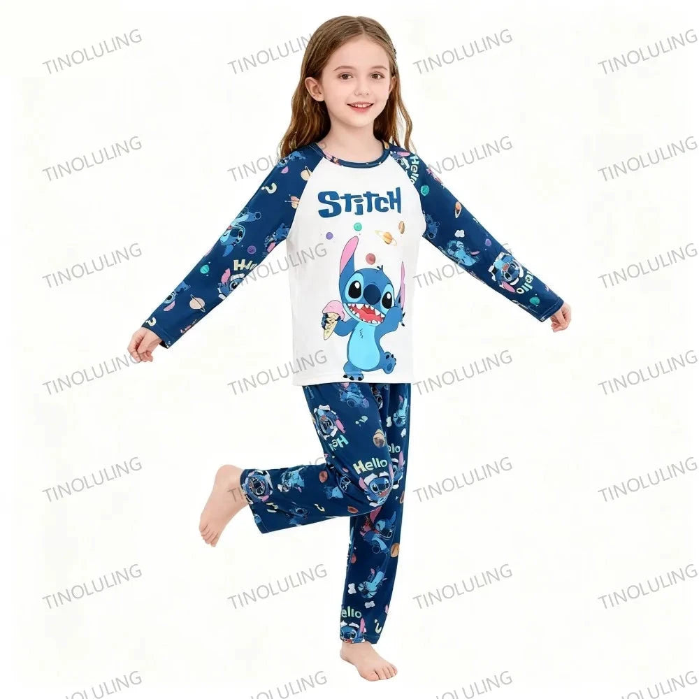 Children's Cartoon Stitch Pajamas Sets Boys Pijamas Girls Mickey Hello Kitty Sleepwear Comfortable Long Sleeve Nightwear Pjs Good Vibrations