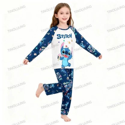 Children's Cartoon Stitch Pajamas Sets Boys Pijamas Girls Mickey Hello Kitty Sleepwear Comfortable Long Sleeve Nightwear Pjs Good Vibrations
