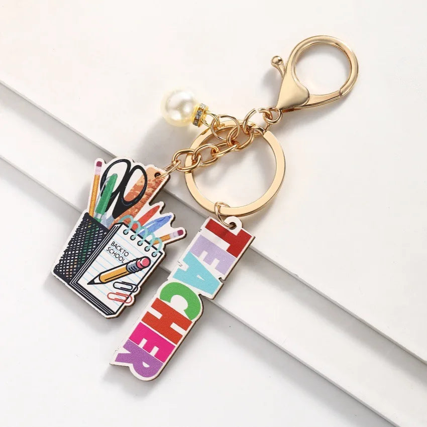Teachers Day Gift Keychain Graduation Decorations 2025 Bus Book Wood Pendant Bag Charms Tassel Key Chains for Best Friends Gifts Good Vibrations