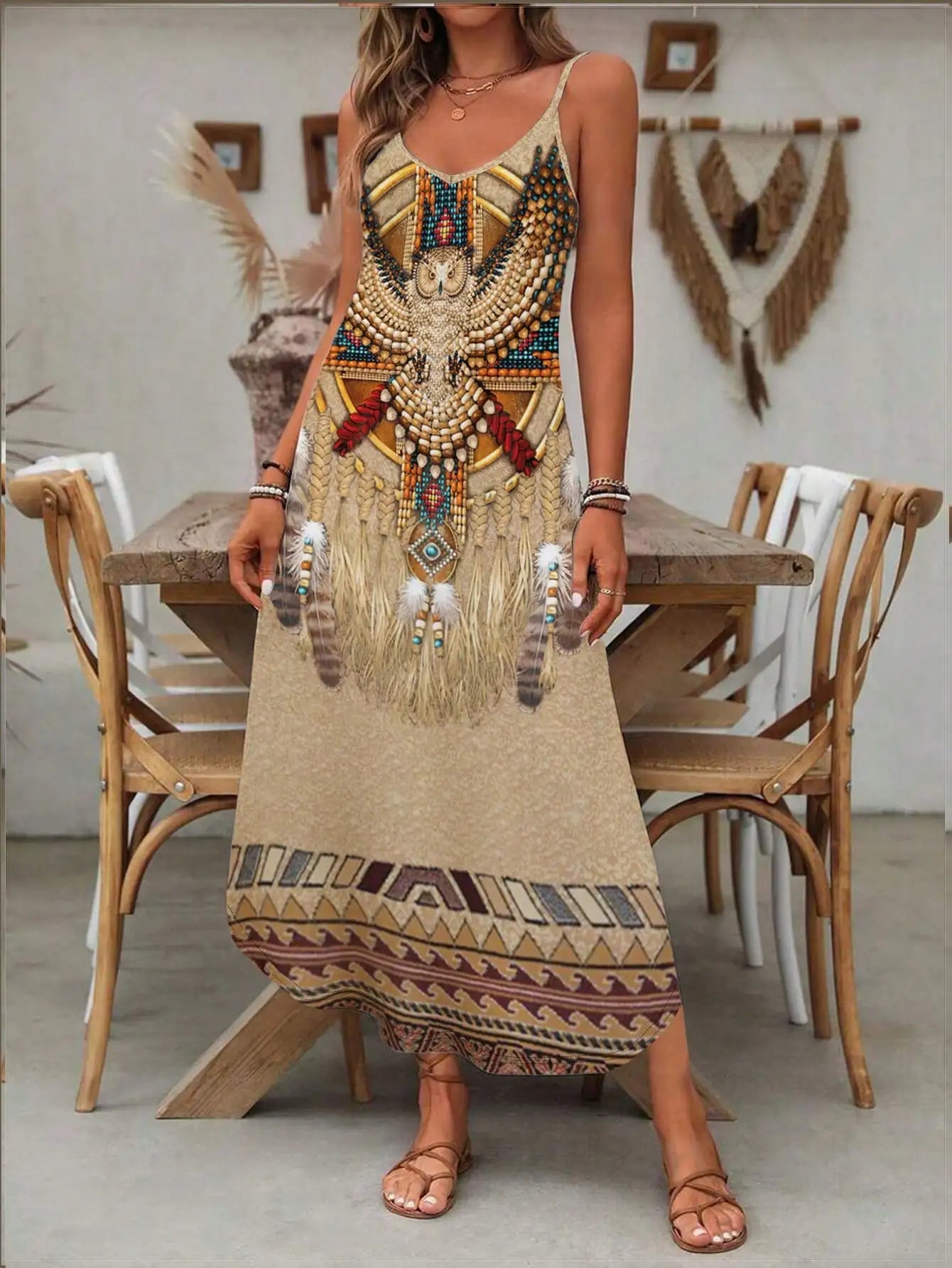 Women's Fashion Western Ethnic Print Casual Suspender Dress Good Vibrations