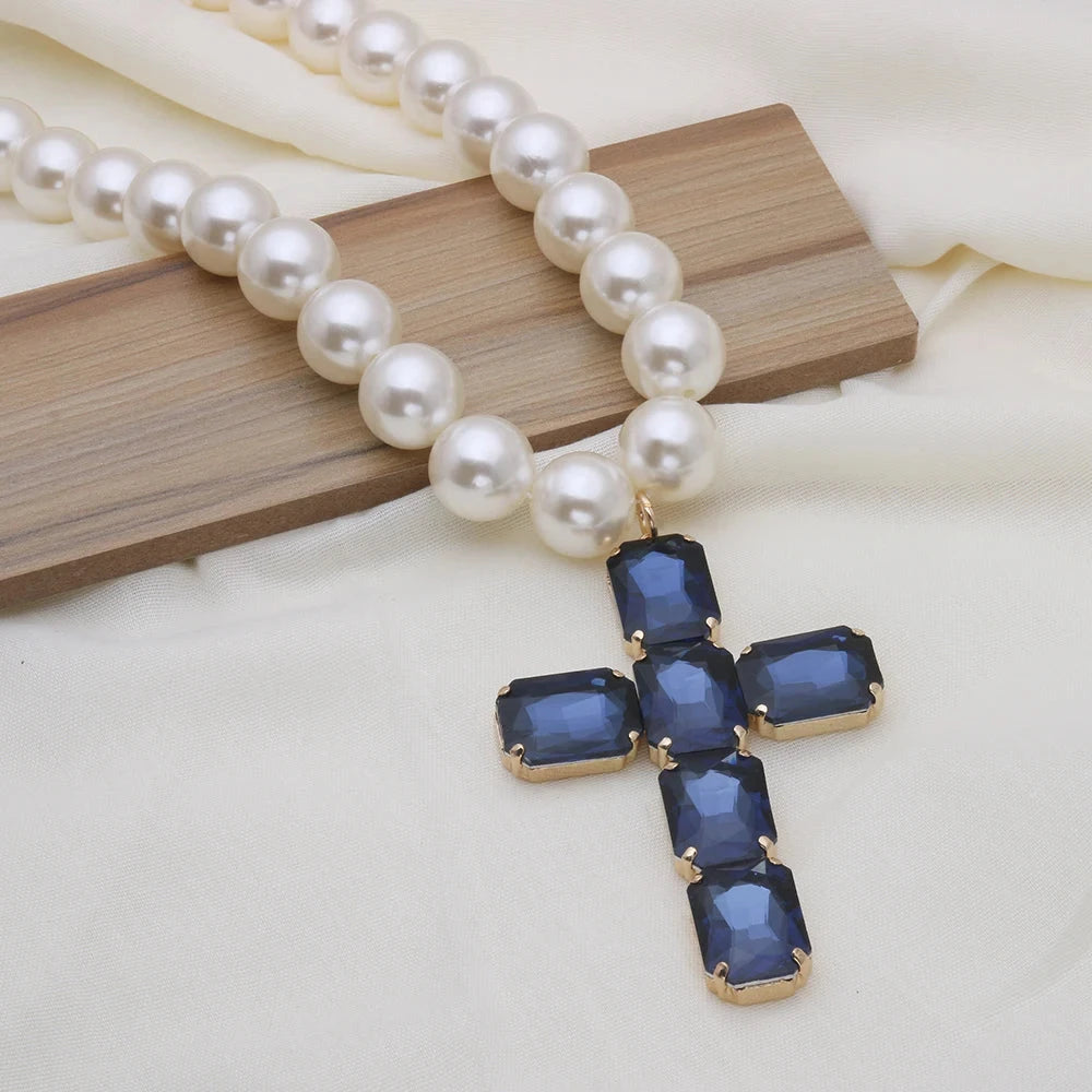 Fashionable and exaggerated large glass cross necklace pendant, luxurious Christmas gift jewelry Good Vibrations