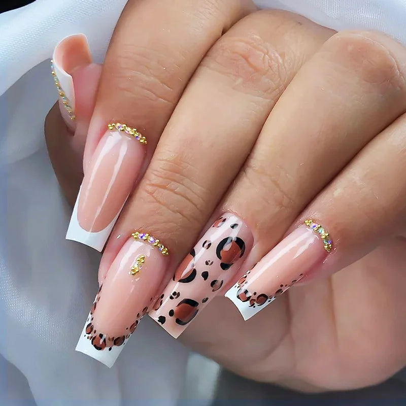 24Pcs Long Square Press on Nails Leopard Print French 3D Cherry Design False Nail Rhinestone Wearable Full Cover Fake Nails Tips Good Vibrations