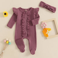 Spring Autumn Baby Toddler Girls Jumpsuit Infant Newborn Baby Girls Long Sleeve Crew Neck Ruffles Footies Rompers Baby Clothes Good Vibrations