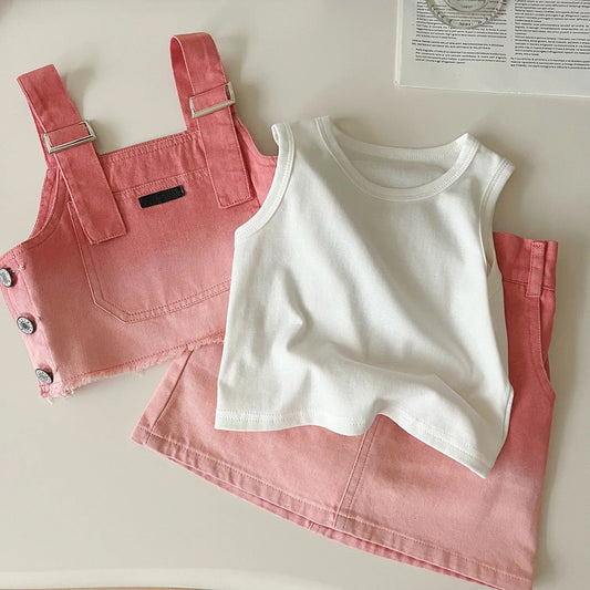 Children's Clothing Sets Denim Halter + Sleeveless T-shirt + Skirt 3pcs Girl Clothes Kids Boutique Clothes for 2 To 7 Years Good Vibrations