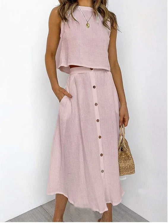 Summer Outfits For Women 2023 New Casual Cotton Linen Suit Loose Sleeveless Vest Single-breasted Skirt 2 Piece Set Women Outfit Good Vibrations