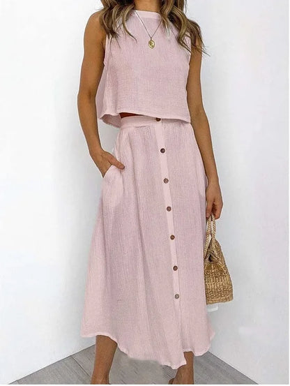 Summer Outfits For Women 2023 New Casual Cotton Linen Suit Loose Sleeveless Vest Single-breasted Skirt 2 Piece Set Women Outfit Good Vibrations