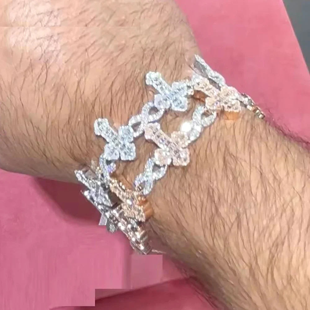 2025 New Men Boy Hip Hop Jewelry Iced Out Bling 5A CZ Multi Cross Charm X Shape Cuban Chain Charm Bracelet Gifts Good Vibrations