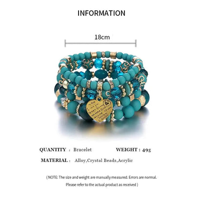4pcs/set Boho Strand Bracelets For Women Crystal Beads Bracelets Heart Letter Elastic Bangles Wristband Yoga Jewelry Gifts Good Vibrations