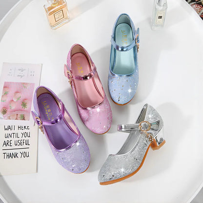 Children Princess Shoes student dance shoes for Girls High Heel Sandals Dress Purple Kids Leather Glitter Crystal Shoes Banquet Good Vibrations