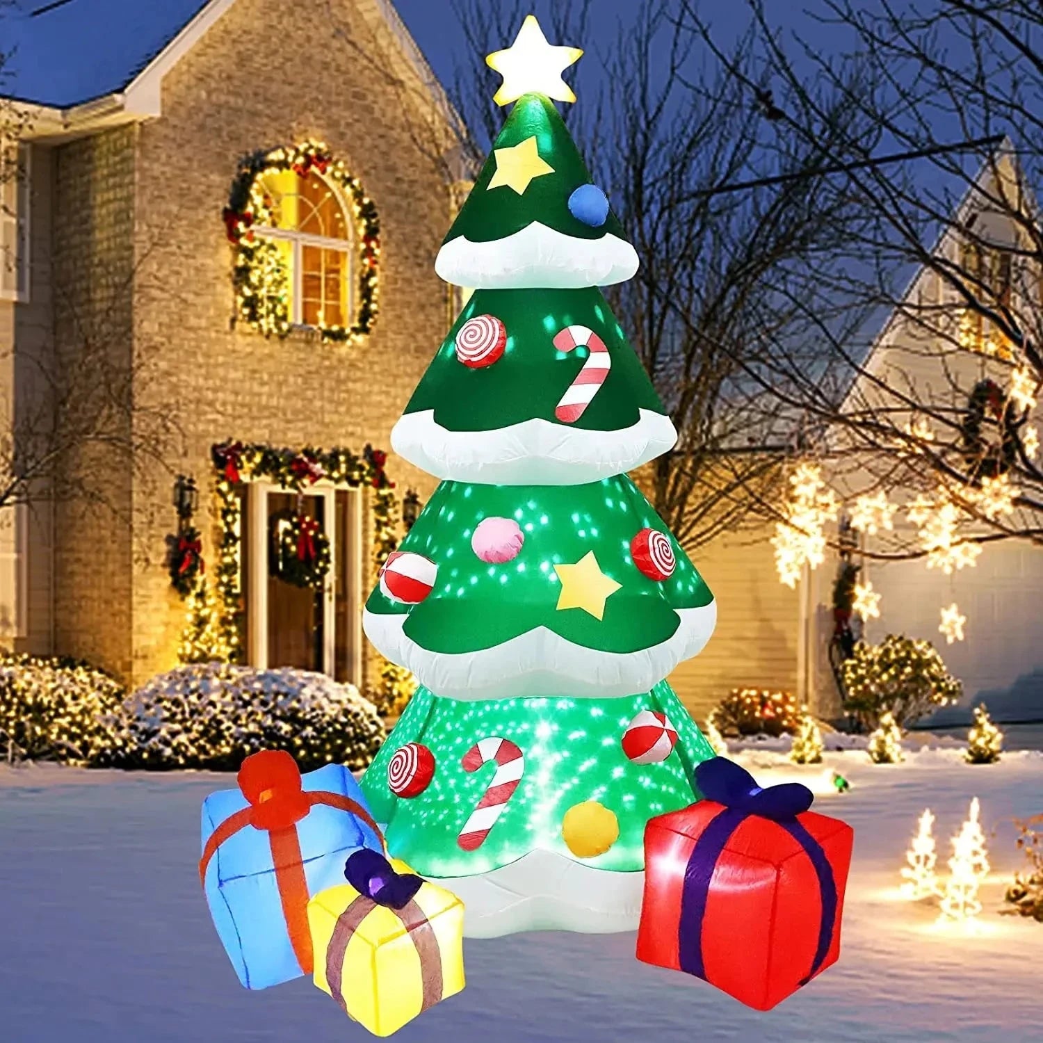 7FT/2.1M Xmas Inflatable Decoration 3 Gift Boxes Christmas Trees with Snow LED Lights Indoor Party Outdoor Garden Props Ornament Good Vibrations