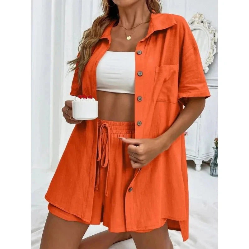Fashion Black Short Sleeve Shirt And Shorts Two Piece Sets Women 2025 Summer Cotton Linen Casual Home 2 Piece Sets Women Outfit Good Vibrations