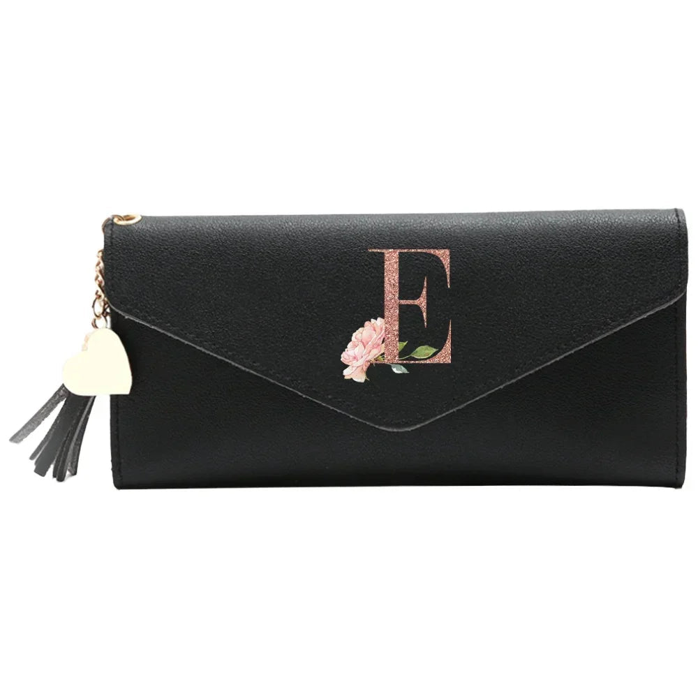 Wallet Black Small Leather Coin Purse Rfid Blocking Wallet Rose Gold Pattern Mini Purse with ID Window for Women Good Vibrations