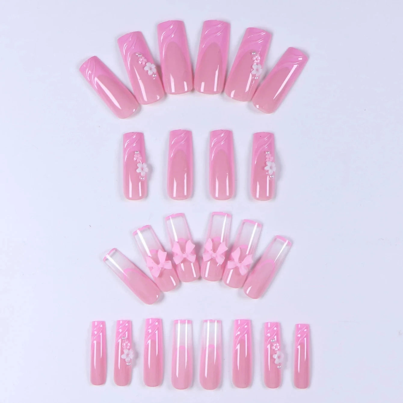 24PCS- Long coffin shaped fake nails, pink three-dimensional butterfly, pink flower decoration, suitable for dating, dinner Good Vibrations