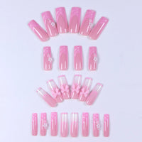 24PCS- Long coffin shaped fake nails, pink three-dimensional butterfly, pink flower decoration, suitable for dating, dinner Good Vibrations