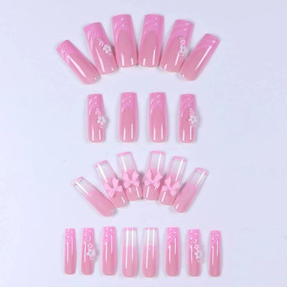 24PCS- Long coffin shaped fake nails, pink three-dimensional butterfly, pink flower decoration, suitable for dating, dinner Good Vibrations