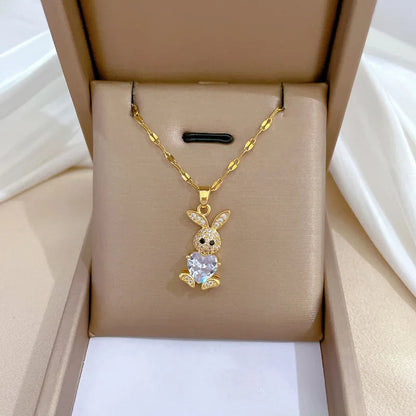 Stainless Steel Jewelry Sets for Woman Girls Shining Austrian Crystal Cute Rabbit Pendant Necklace Huggie Earrings Birthday Gift Good Vibrations Adult Super Store