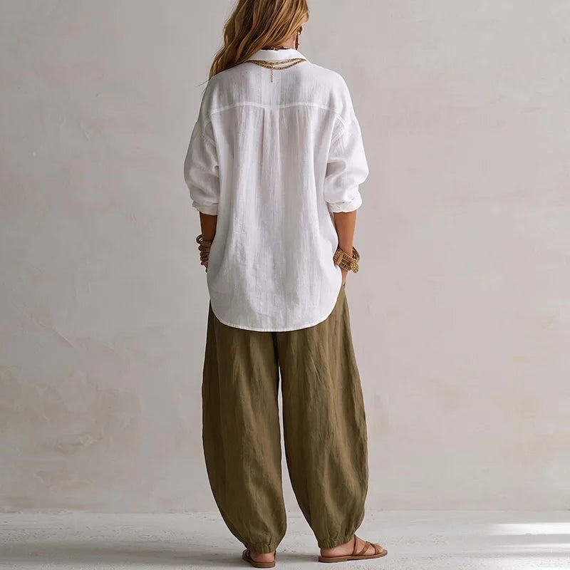 Vintage Two Piece Sets Women Loose Turn Down Collar Blouse High Waist Pocket Wide Leg Trousers Outfits Casual Travel Beach Suits Good Vibrations
