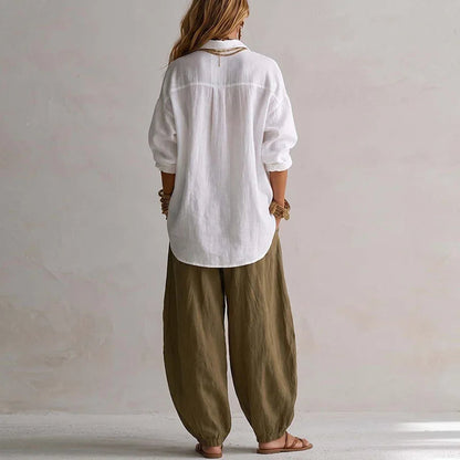 Vintage Two Piece Sets Women Loose Turn Down Collar Blouse High Waist Pocket Wide Leg Trousers Outfits Casual Travel Beach Suits Good Vibrations