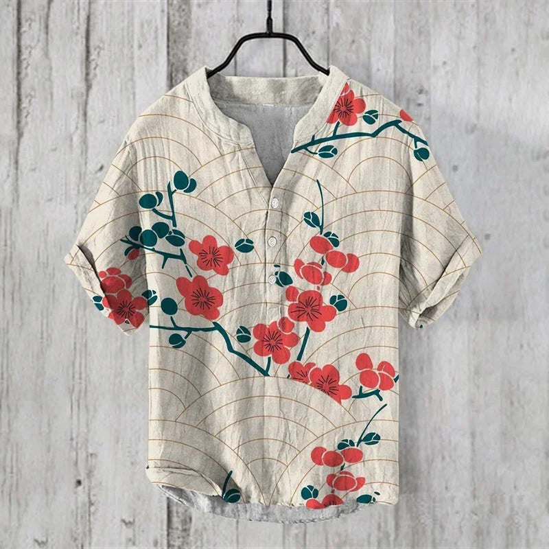 Henry Men's Casual Fashion Outdoor Seaside Men's Tops Shirt V-Neck Linen Shirt 2024 New Plus Size Good Vibrations