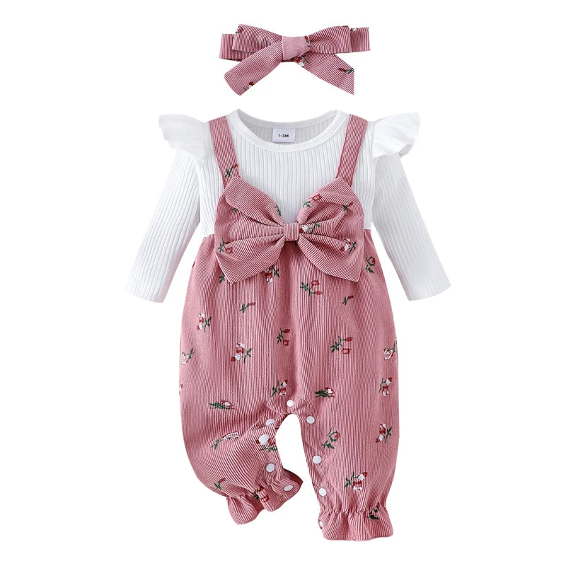 New Autumn Newborn Baby Girls Long Sleeve Romper Floral Print Fake Two Pieces Patchwork Bow Jumpsuits and Cute Headband Set Good Vibrations