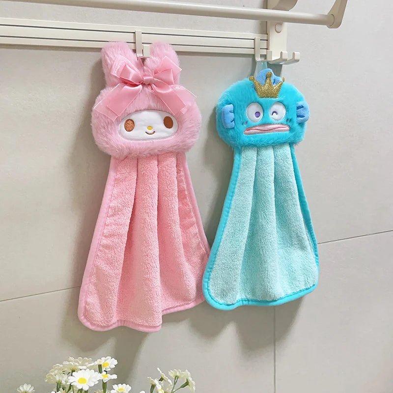Cute My Melody Hangyodon Hand Towels Home Bathroom Kitchen with Hanging Loop Thickened Speed Dry Absorbent Hand Cloth Good Vibrations