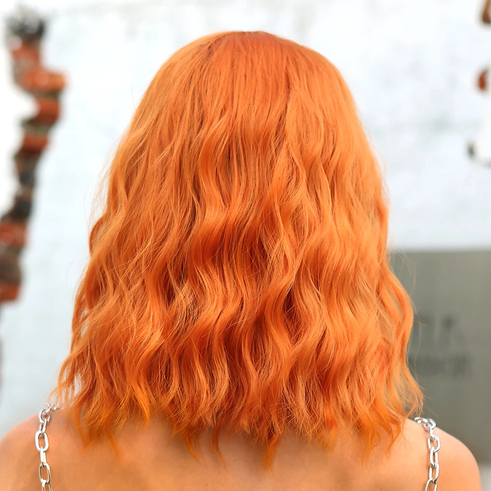 Synthetic Orange Cosplay Wig with Bangs for Women Shoulder Long Curly Copper Ginger Wigs Natural Heat Resistant Halloween Hair Good Vibrations