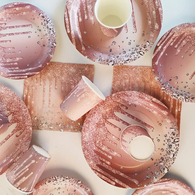 Rose Gold Disposable Tableware Diamond Pattern Paper Cups Plates Straws Table Decoration Wedding Birthday Party Supplies Good Vibrations