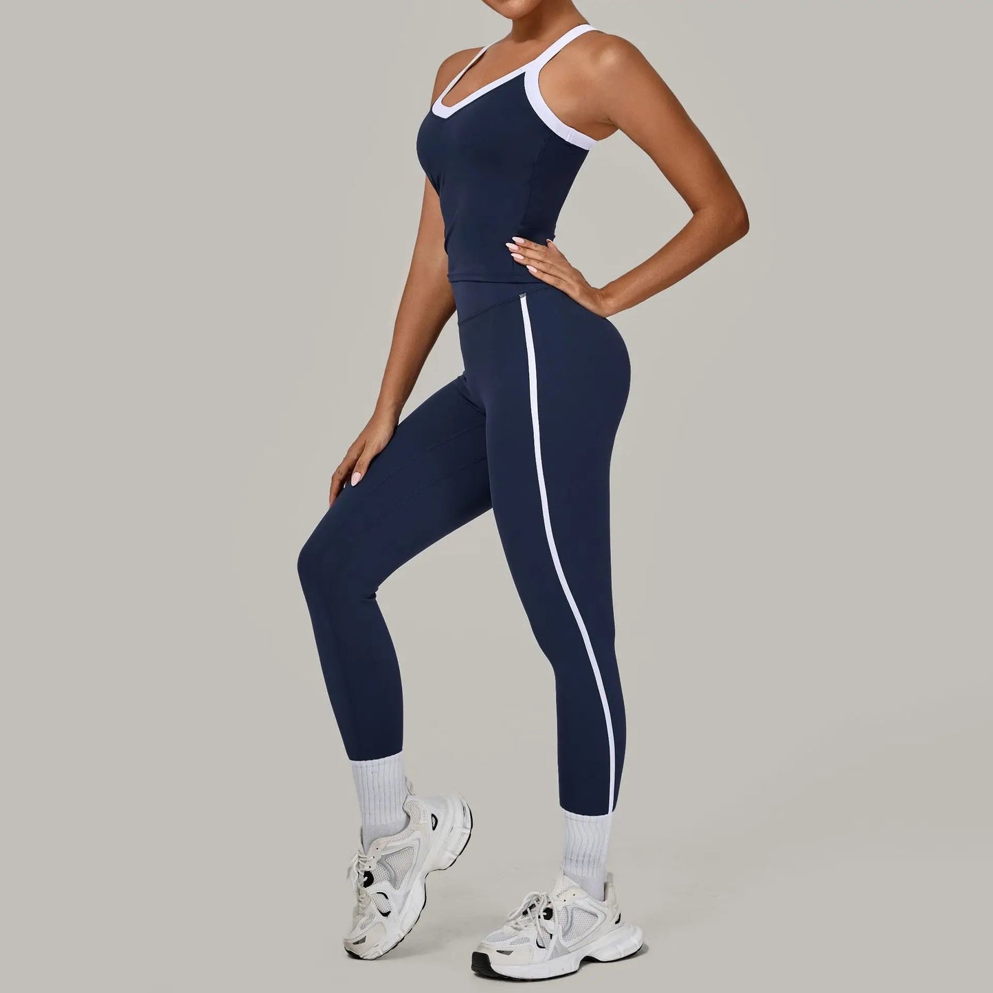 Autumn Yoga Outfit for Women V Neck Sports Tank Top Sets with Chest Pad Workout Leggings Sports Tracksuit Jogging Tights Good Vibrations