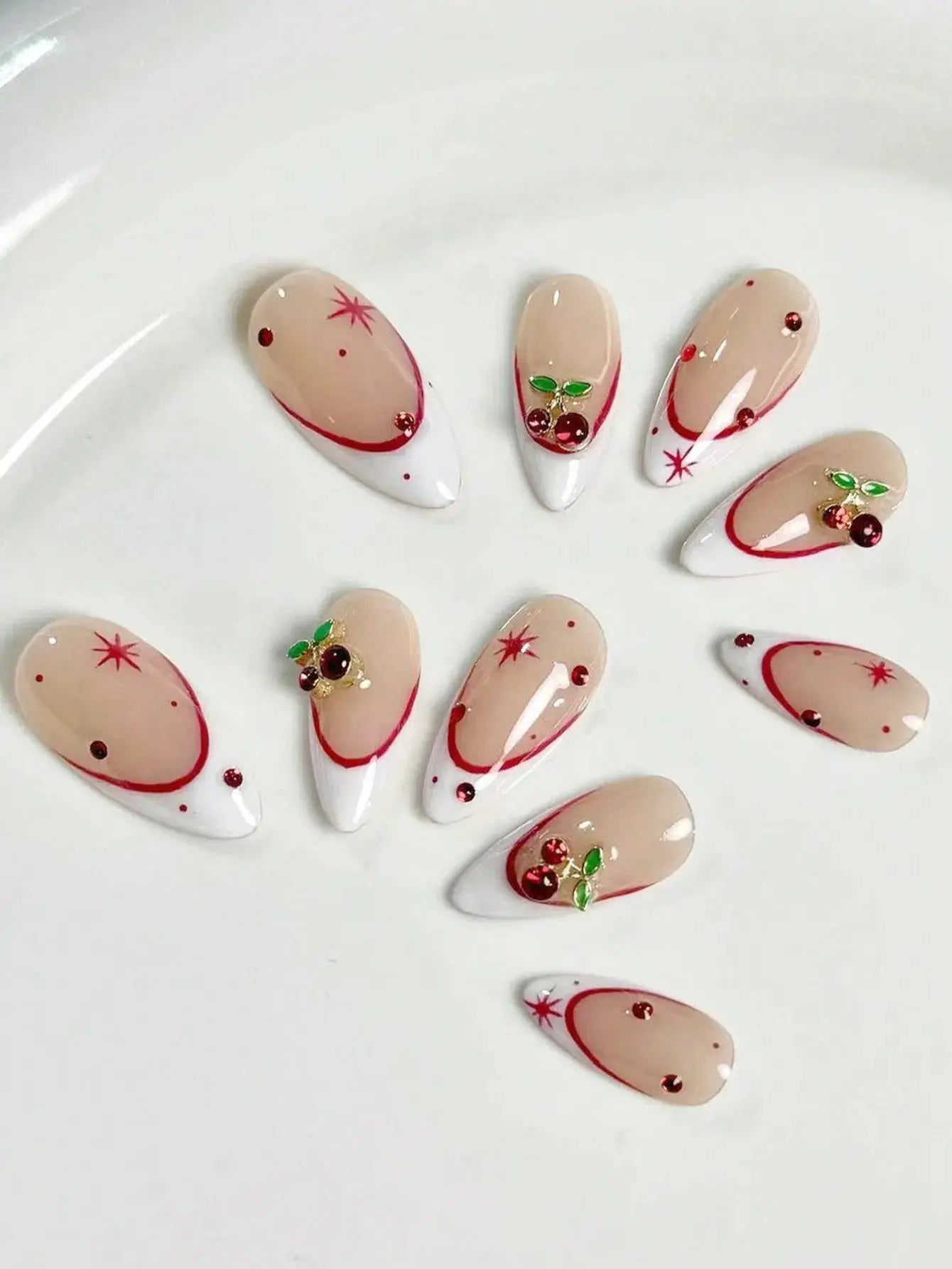 10 pieces of pure handmade almond-shaped nails, with white French tips and red cherry decorations. They are suitable for daily c Good Vibrations