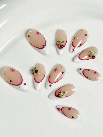 10 pieces of pure handmade almond-shaped nails, with white French tips and red cherry decorations. They are suitable for daily c Good Vibrations