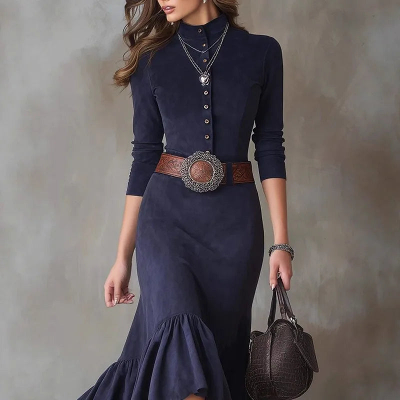 Vintage Western Style Dress Button Temperament High Neck Suede Slim Fit Irregular Hem Long Skirt with Belt Good Vibrations