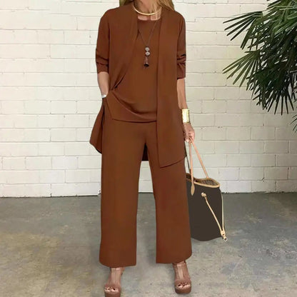 Women Clothes Stylish Women's 3-piece Pantsuit Set with Long Sleeve Cardigan O Neck Vest Wide Leg Trousers Fall Spring Outfit Good Vibrations