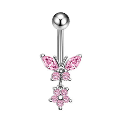 Fashion Pink Crystal Crown Belly Button Rings Stainless Steel Long Pendant Butterfly Heart Navel Piercing for Women Jewelry Good Vibrations Adult Super Store