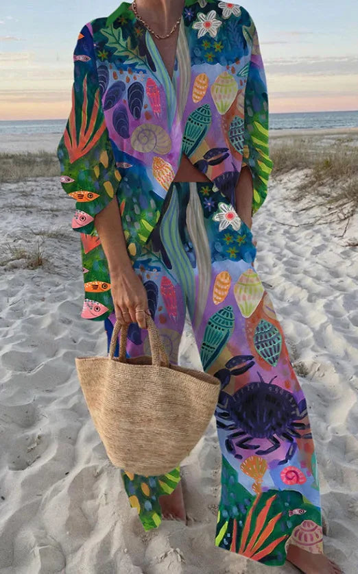 Women's Two Piece Set Print Shirt Pants Suit Single Breasted Lapel Short Sleeve Shirt And Wide Leg Trousers Sets, Lady Outfits Good Vibrations