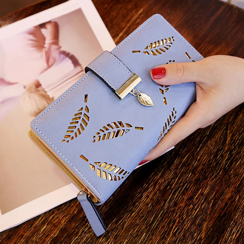 Women Wallet PU Leather Purse Female Long Wallet Gold Hollow Leaves Pouch Handbag For Women Coin Purse Card Holders Clutch Good Vibrations