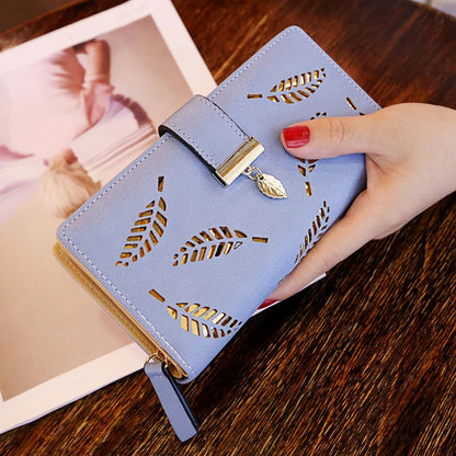 Women Wallet PU Leather Purse Female Long Wallet Gold Hollow Leaves Pouch Handbag For Women Coin Purse Card Holders Clutch Good Vibrations