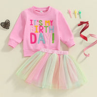 Toddler Birthday Clothes Baby Girl Tutu Skirt Outfit Letter Print Sweathsirt Rainbow Tulle Skirt Fall Winter Sets Good Vibrations
