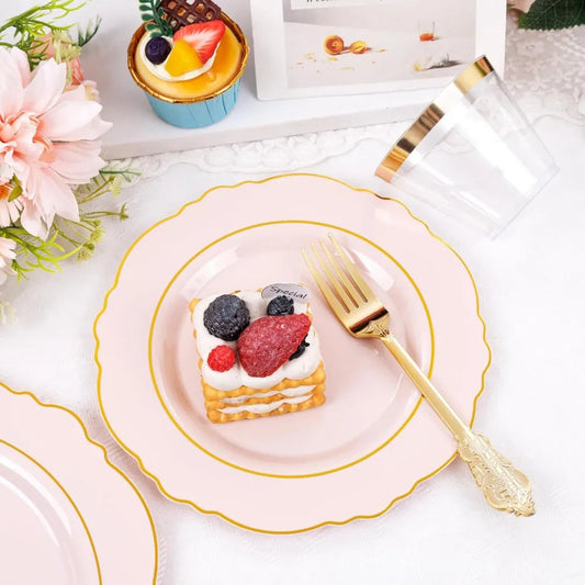 350PCS Pink Plates Disposable-50guest Baroque Plastic Dinnerware include 100Plates,50Pack Pre Rolled Napkins w/Silverware 50Cups Good Vibrations