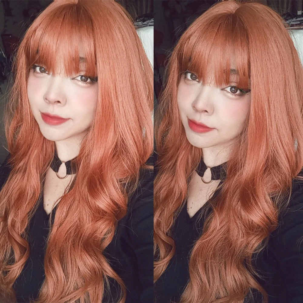 Ginger Orange Synthetic Wigs for Black Women Long Wavy Wigs with Bangs Cosplay Colored Hair Heat Resistant Body Wave Party Wig Good Vibrations