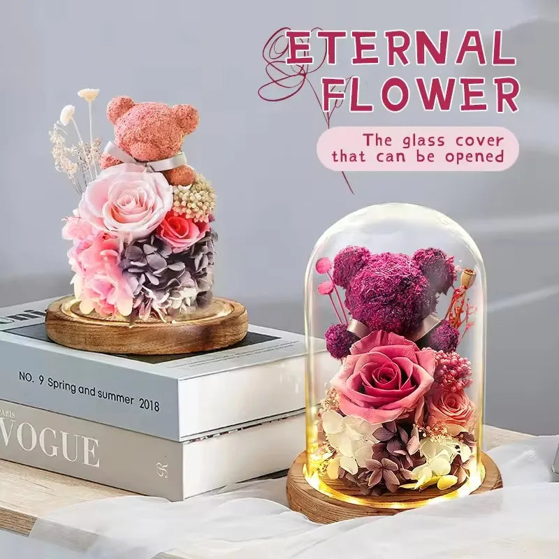 Valentine's Day Gift for Girlfriend Eternal Preserved Rose Flower Gift Box Teddy Bear Eternal Flower with Lights Gift for Women Good Vibrations