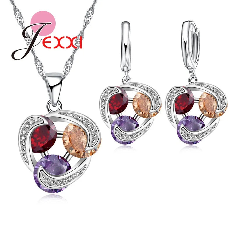 Colorful Crystal Jewelry Set for Female Girls 925 Sterling Silver Pendant Necklaces Earrings Set Women Wedding Accessorie Good Vibrations Adult Super Store