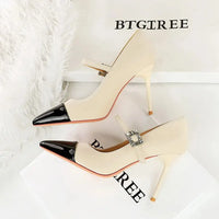 Women 9.5cm High Heels Lady Fashionable Rhinestone Pumps Female Pointed Toe Stiletto Heel Silk Comfortable Evening Shoes Good Vibrations