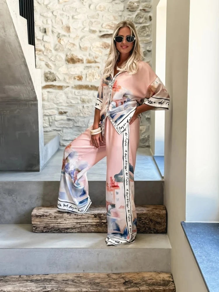 Women's Summer 2-Piece Set Elegant Printed Top & Casual Loose Wide Leg Pants Ensemble with Half Sleeve Fashionable Good Vibrations