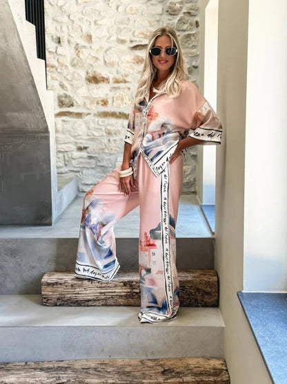 Women's Summer 2-Piece Set Elegant Printed Top & Casual Loose Wide Leg Pants Ensemble with Half Sleeve Fashionable Good Vibrations
