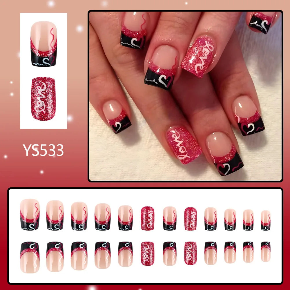 24pcs y2k Black French Press on Nails Short Square Pink Heart Fake Nails Full Cover Wearable Sweet Valentine's Day False Nails Good Vibrations
