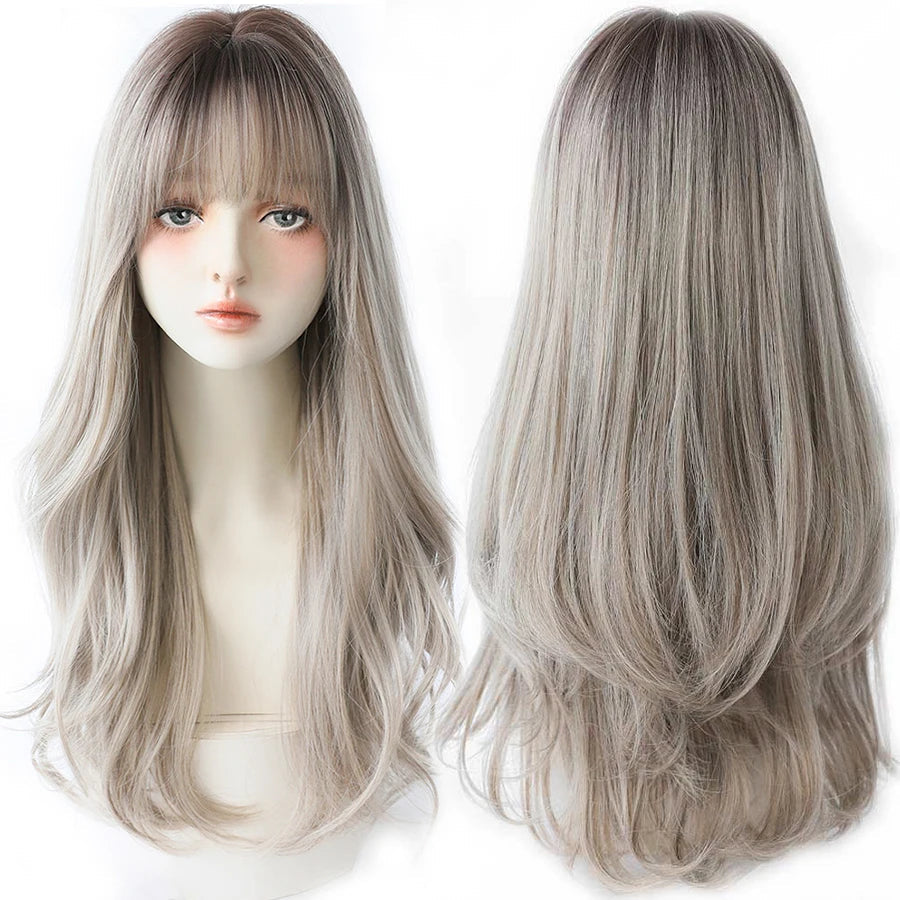7JHHWIGS Long Wavy Synthetic Black Wigs For Women With Fringe Fashion Heat Resistant Mid-Length Daily Straight Light Brown Hair Good Vibrations