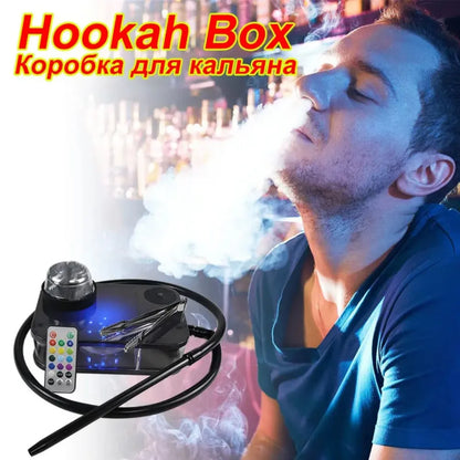 Acrylic smoking hookah with LED light and remote, shown in use with smoke effect.