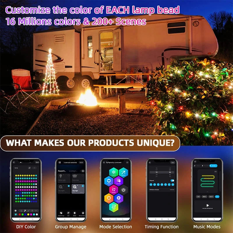 Christmas Tree Lights Outdoor Indoor, 100LED 10M WS2812B RGBIC Lights, String Lights IP65 Waterproof Bluetooth Fairy LED String Good Vibrations