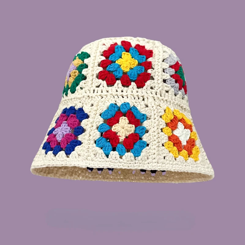 2024 Spring New Crochet Hat Korean Handmade Bucket Hat Women's Weaving Knitted Hat Y2k Fashion Flowers Autumn Winter Ins Beanies Good Vibrations